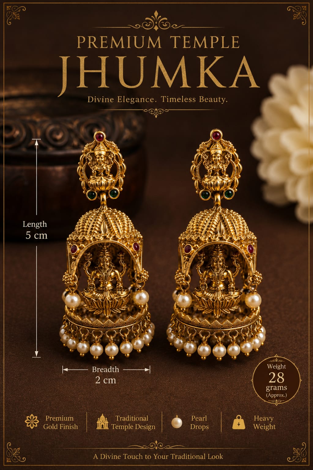 Royal Antique Temple Work Jhumkas with Pearl Drop