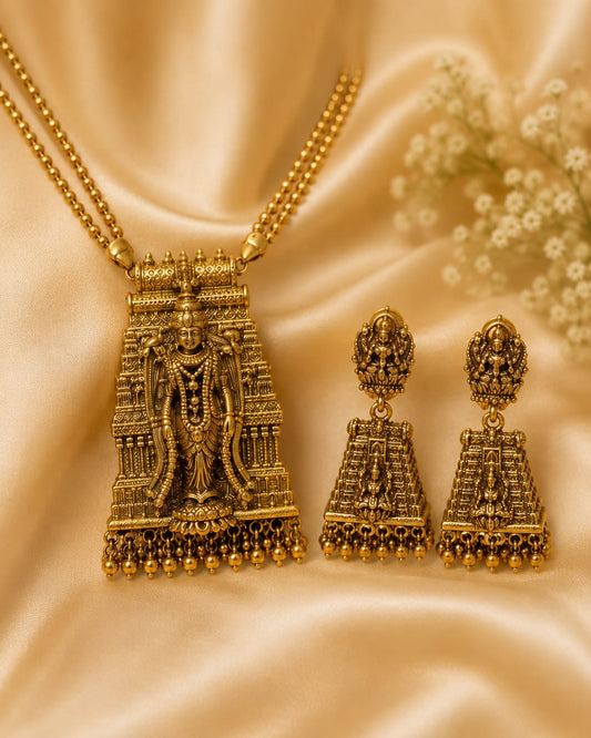 Antique Gold Finish Temple Pendant Necklace Set with Jhumka Earrings