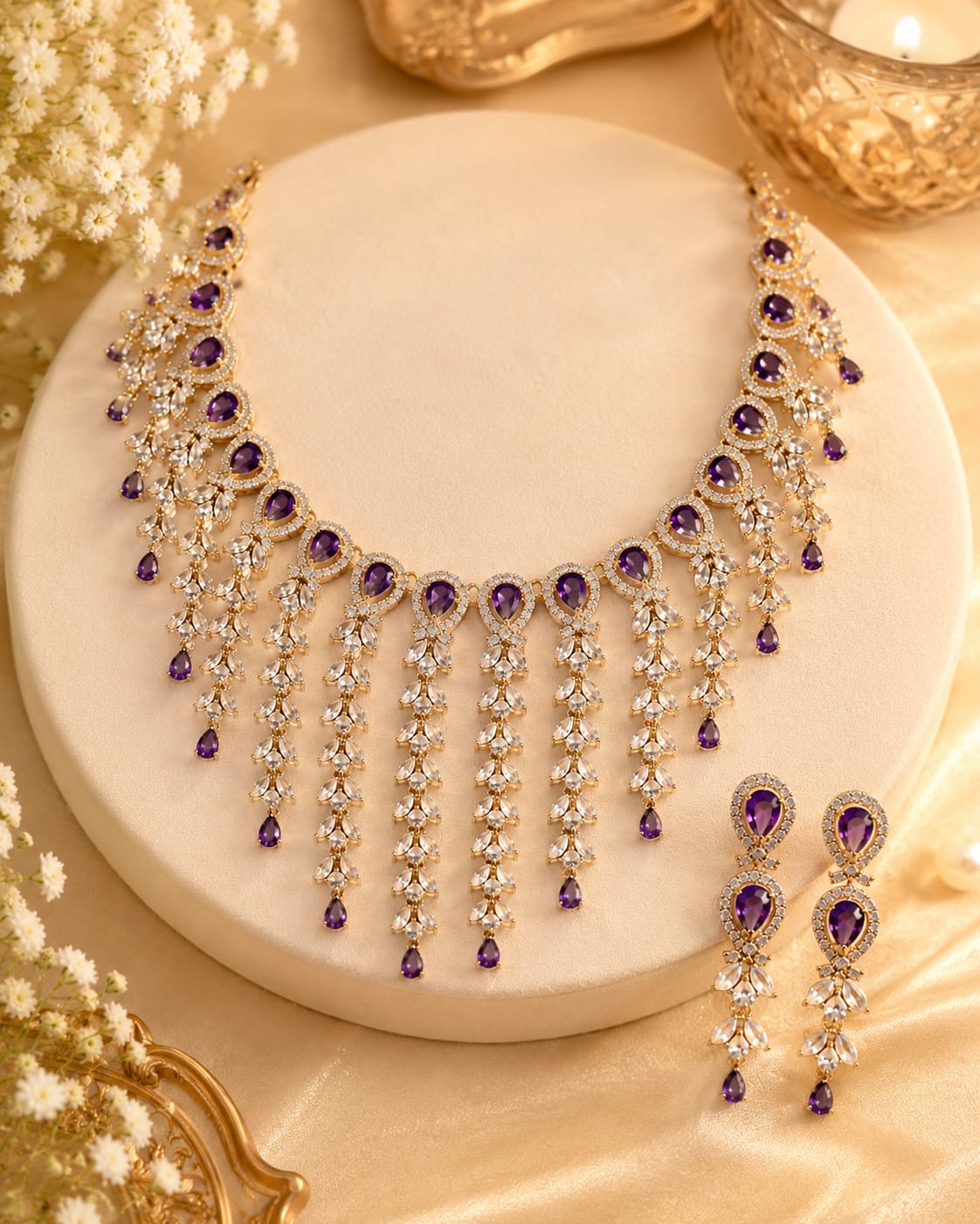 Sparkling Silver Finish American Diamond Necklace Set with Earrings & Maang Tikka