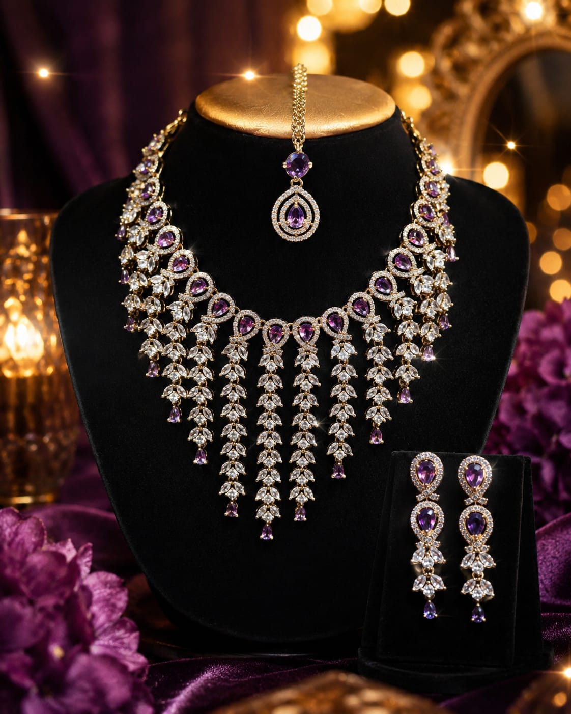 Sparkling Silver Finish American Diamond Necklace Set with Earrings & Maang Tikka