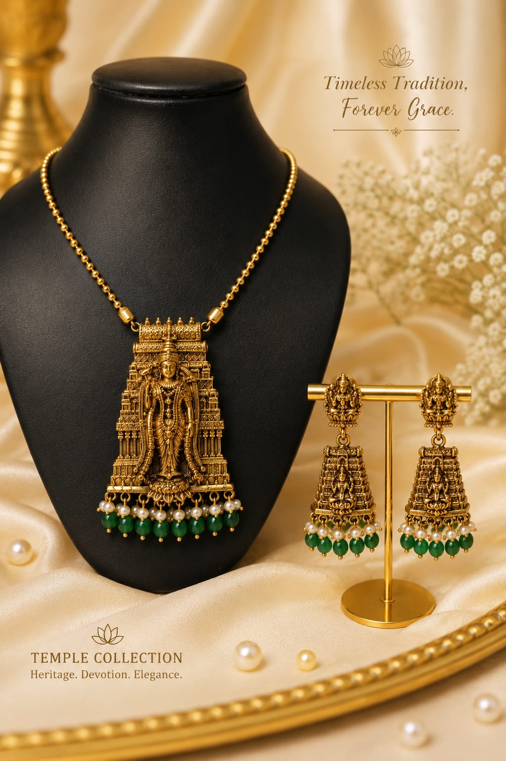 Antique Gold Temple Long Pendant Necklace Set with Emerald Green Stones & Jhumka Earrings