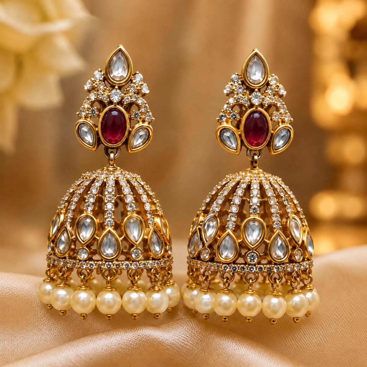 Royal Green Stone Antique Gold Jhumka Earrings with Pearl Clusters