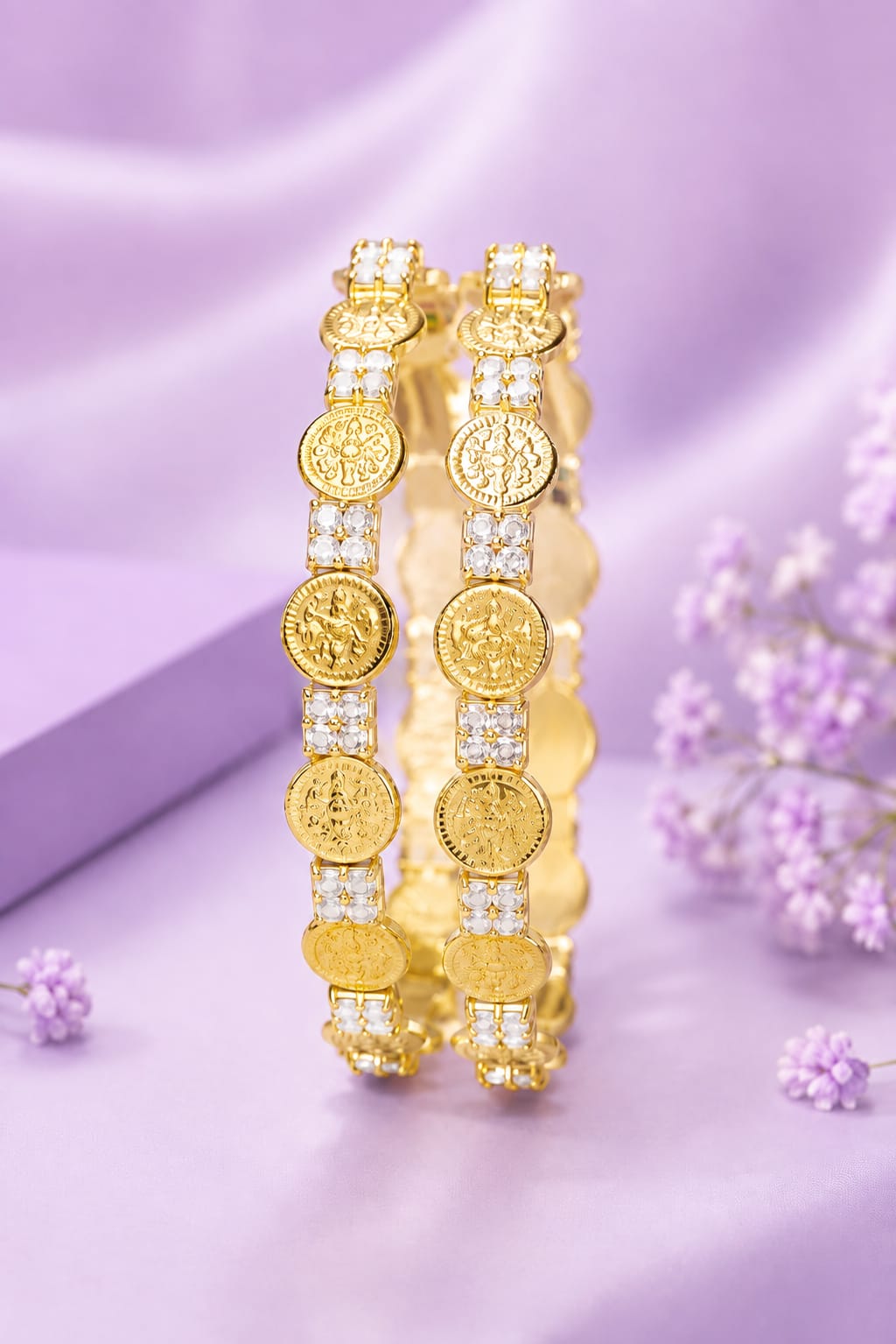 Premium Antique Gold Lakshmi Coin Bangle with Pink & Green Kemp Stones