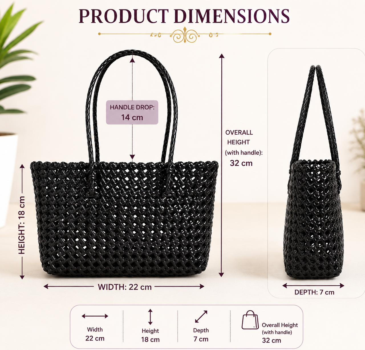 Lila Trendz Classic Black Handwoven Tote Basket Bag