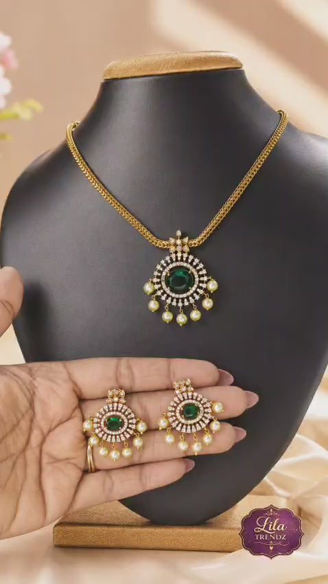 LiLa Trendz Royal AD Stone Emerald Pendant Set with Pearl Drops